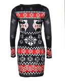 Christmas Snowflake Elk Print Long Sleeve Bodycon Dress