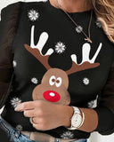 Christmas Moose Print Puffed Sleeve Top