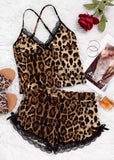 Leopard Lace Splicing Camisole And Shorts Pajamas Set