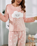 Heart Print Cloud Embroidery Fluffy Pajamas Set