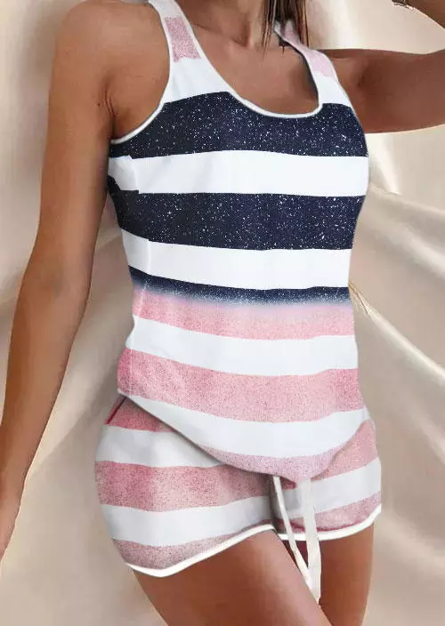 Striped Glitter Tank And Drawstring Shorts Pajamas Set
