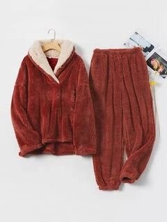 Women Fluffy Plush Thicken Lapel High Low Hem Loungewear Warm Pajamas Set