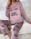 Heart Print Letter Embroidery Fluffy Pajamas Set
