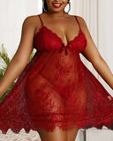 Plus Size Bow Decor Lace Babydoll With Thong