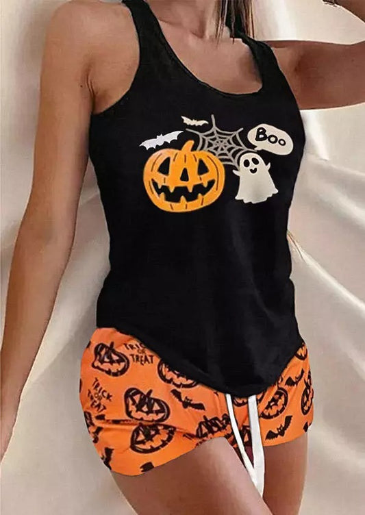 Halloween Ghost Bat Tank And Pumpkin Face Shorts Pajamas Set - Orange
