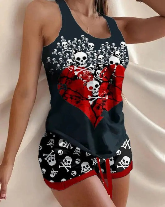 Heart Skull Print Drawstring Pajamas Set