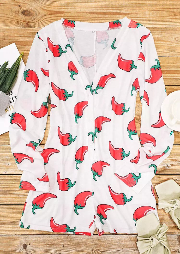 Chili Button Long Sleeve V-Neck One-Piece Pajamas - White