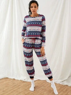 Plus Size Women Christmas Allover Snowflake Elk Printed Crew Neck Comfy Drawstring Pants Pajamas Set With Pocket