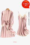 Pink Soft Comfortable Ice Silk Lace Pajamas 2pcs Set