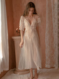 Tulle See-Through White Short Sleeves Two-Piece Slip Dress & Robe With T-Back