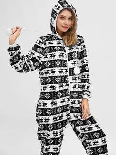 Plus Size Deer Print Jumpsuits Pajamas Hooded Front Zipper Flannels Warm Sleepwear For Women