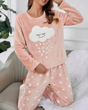 Heart Print Cloud Embroidery Fluffy Pajamas Set