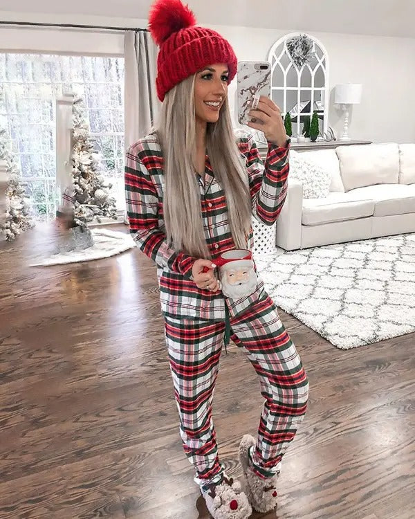 Christmas Plaid Print Casual Pajamas Set