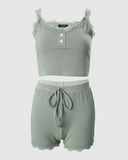 Lace Trim Buttoned Tank Top & Shorts Set