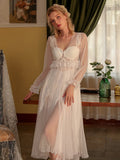 Long Sleeves Long White Lace With Bra Pad Two-Piece Nightgown & Robe Set