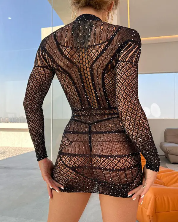 Rhinestone Hollow Out Long Sleeve Bodystockings