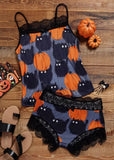 Halloween Pumpkin Cat Lace Splicing Camisole And Shorts Pajamas Set