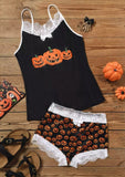 Halloween Pumpkin Face Splicing Lace Camisole And Shorts Pajamas Set