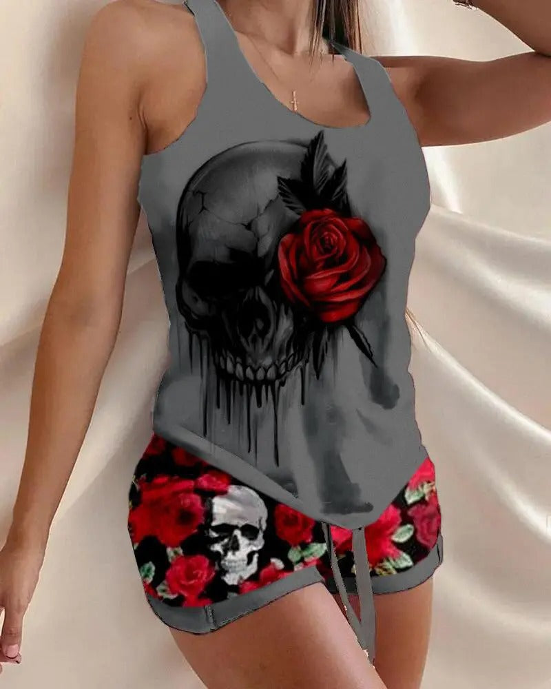 Skull Rose Print Drawstring Pajamas Set