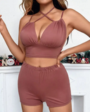 Spaghetti Strap Ruched Crop Top & Shorts Set