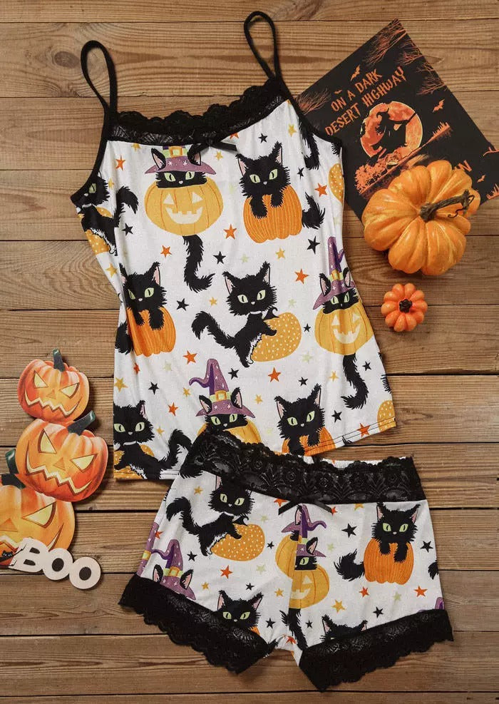 Halloween Pumpkin Face Cat Lace Camisole And Shorts Pajamas Set