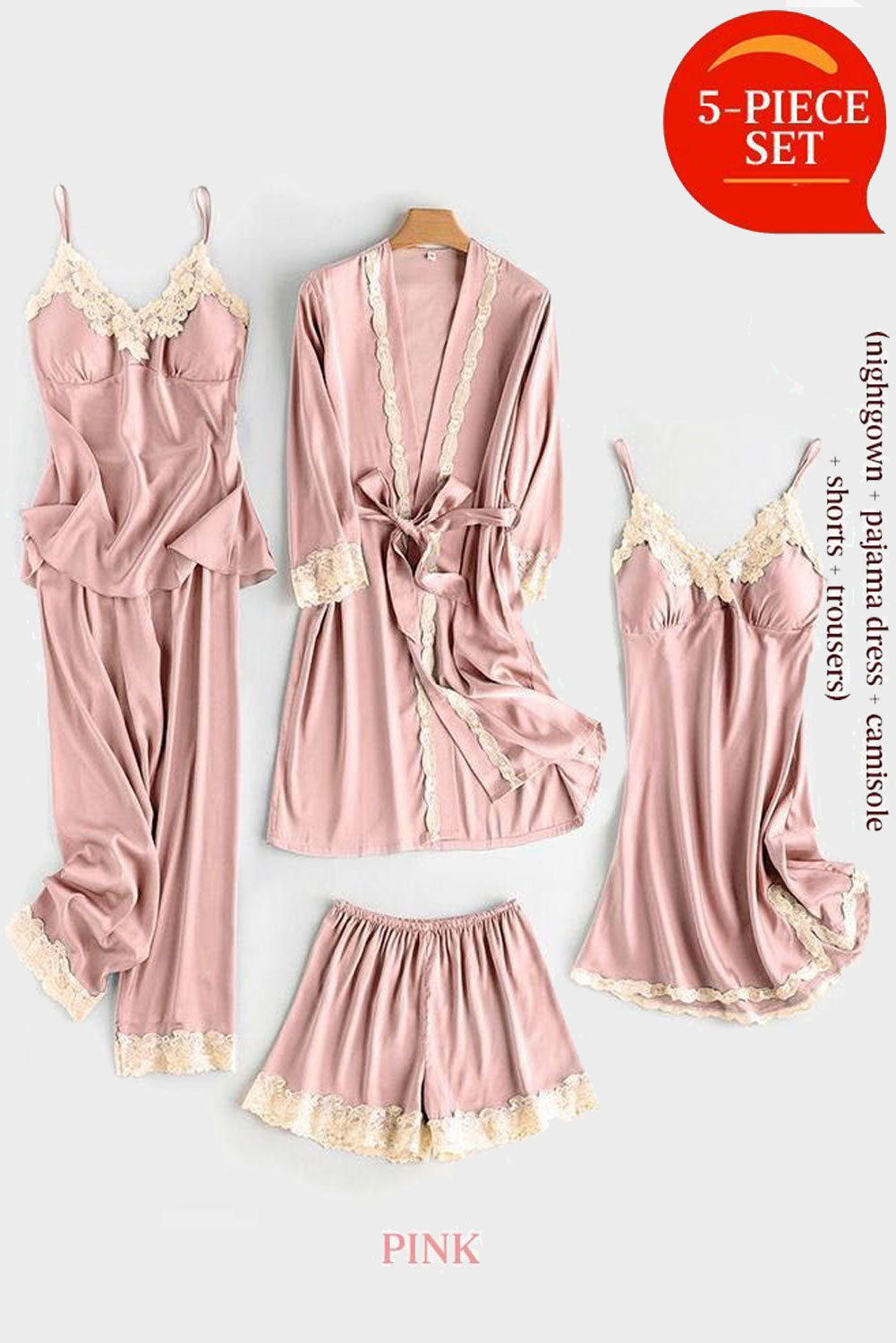 Pink Soft Comfortable Ice Silk Lace Pajamas 5pcs Set