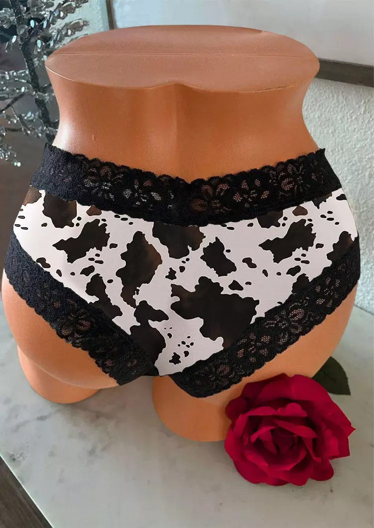 Cow Lace Splicing Panties - Black