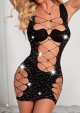 Fishnet Rhinestone Hollow Out Lingerie Dress without Bra And Panties- Black