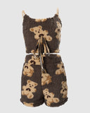 Fluffy Drawstring Bear Print Cami Set Without Cardigan