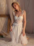 Long Sleeves Long White Lace With Bra Pad Two-Piece Nightgown & Robe Set