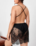 Plus Size Crisscross Backless Lace Babydoll With Thong