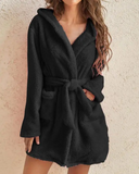 Pocket Design Hooded Belted Fluffy Robe
