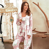 Floral Print Camisole Top Trousers Nightgown Three-piece Pajamas Set