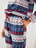 Plus Size Women Christmas Allover Snowflake Elk Printed Crew Neck Comfy Drawstring Pants Pajamas Set With Pocket