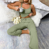 Rib Strip Casual Wearable Homewear Lace Suspenders Trousers Pajamas Set