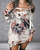 Halloween Eyelet Lace-up Skull Floral Print Casual Dress
