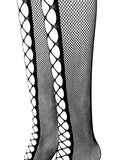 1Pair Cutout Lace-up Fishnet Patch Tights Thigh High Garter Stockings Sexy Elastic Soft Top Thigh High Stockings