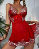 Bow Decor Embroidery Lace Sheer Mesh Babydoll