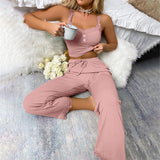 Rib Strip Casual Wearable Homewear Lace Suspenders Trousers Pajamas Set