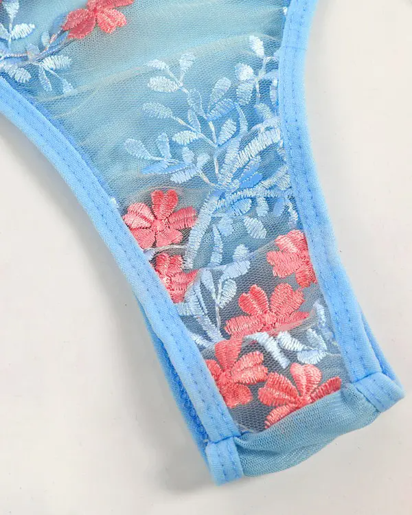 Floral Embroidery Sheer Mesh Lace-up Skinny Teddy