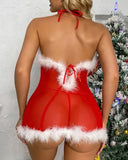 Christmas Sheer Mesh Feather Detail Pom Pom Babydoll With Panty