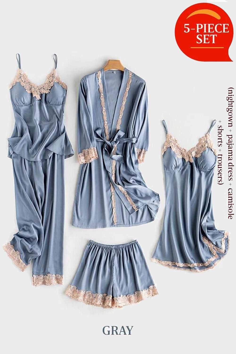 Gray Soft Comfortable Ice Silk Lace Pajamas 5pcs Set