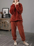 Women Fluffy Plush Thicken Lapel High Low Hem Loungewear Warm Pajamas Set