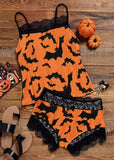 Halloween Bat Lace Splicing Camisole And Shorts Pajamas Set - Orange