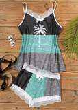 Color Block Coconut Tree Lace Splicing Camisole And Shorts Pajamas Set