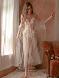 Tulle See-Through White Short Sleeves Two-Piece Slip Dress & Robe With T-Back