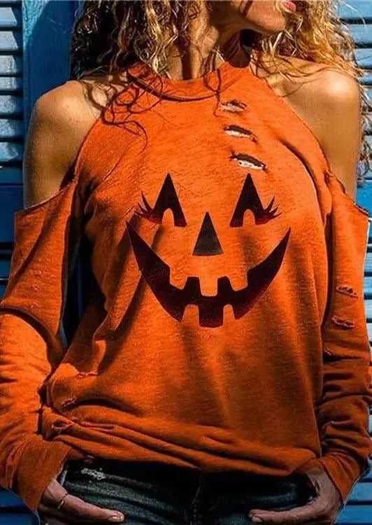 Halloween Pumpkin Face Cold Shoulder Blouse