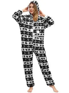 Plus Size Deer Print Jumpsuits Pajamas Hooded Front Zipper Flannels Warm Sleepwear For Women
